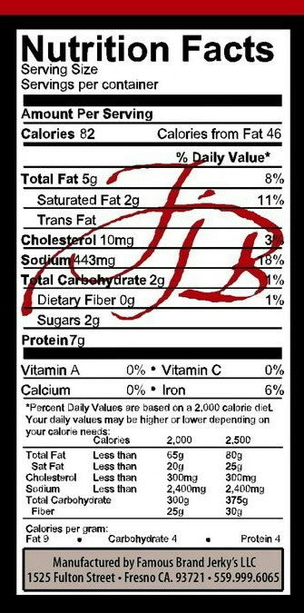 Nutrition Facts panel for Healthy Jerky probiotic beef jerky showing 82 calories, 7g protein, and 2g carbs per serving.