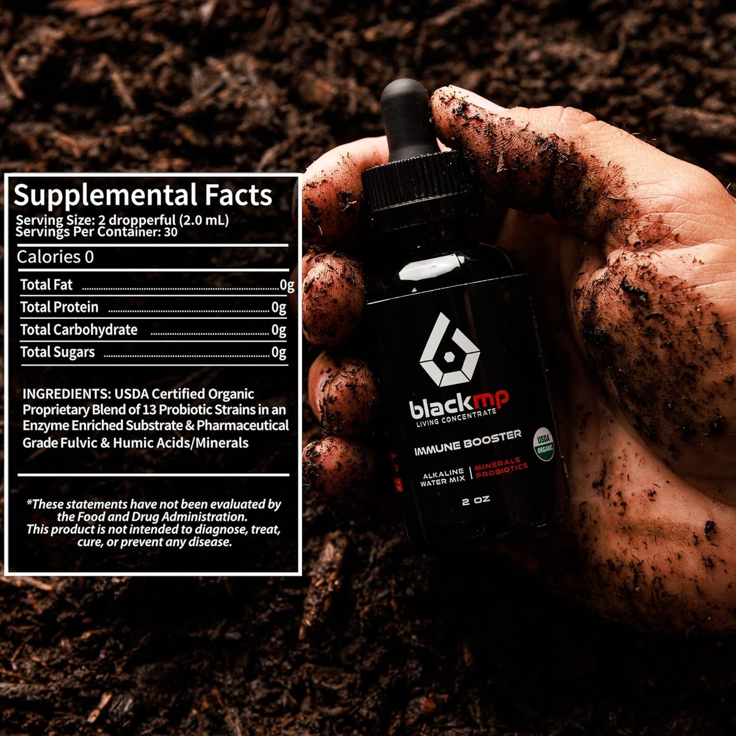 BlackMP Immune Booster 2oz bottle held over soil with supplemental facts for organic probiotics and fulvic acid.