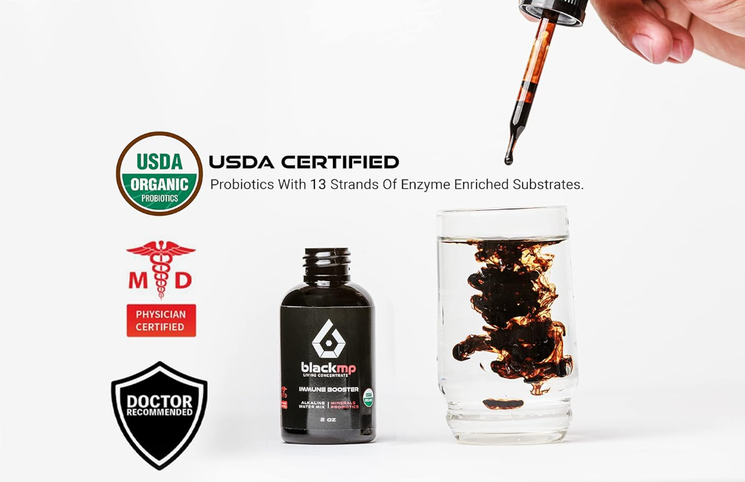 BlackMP Immune Booster liquid dropping into water. USDA Organic, Physician Certified, and Doctor Recommended badges.
