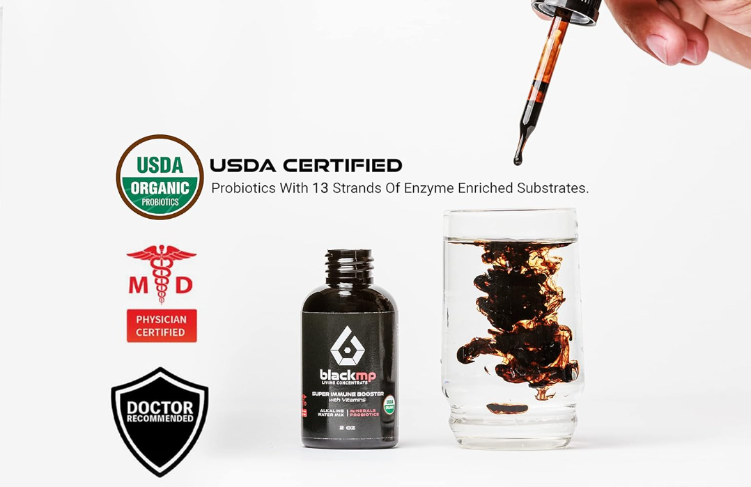 BlackMP Fulvic & Humic Acid Immune Booster liquid dropping into water with USDA Organic and Physician Certified seals.