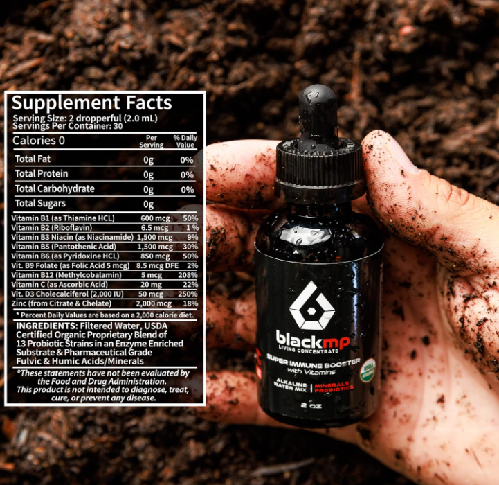 BlackMP Super Immune Booster 2oz bottle with Fulvic and Humic Acid supplement facts over soil background.