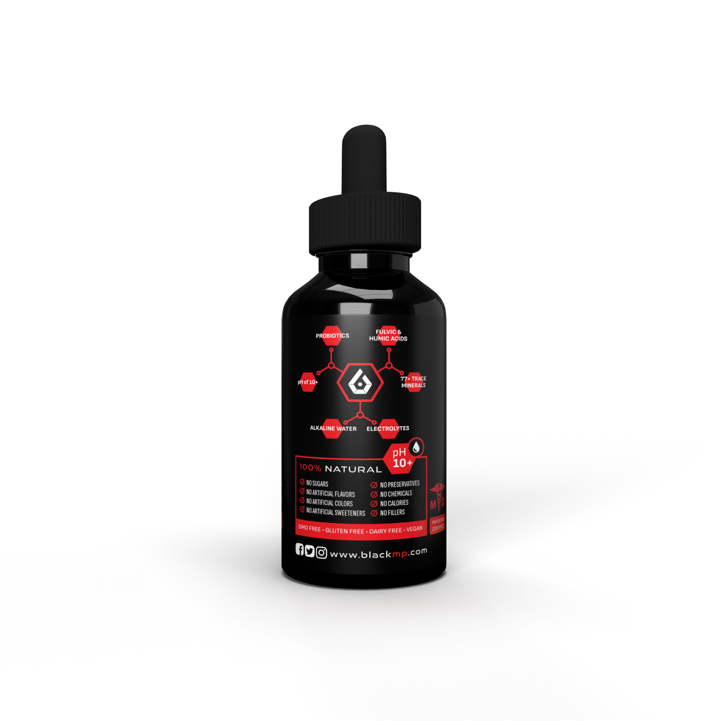 BlackMP Concentrate bottle with dropper featuring Fulvic and Humic acids, probiotics, and 77+ trace minerals.