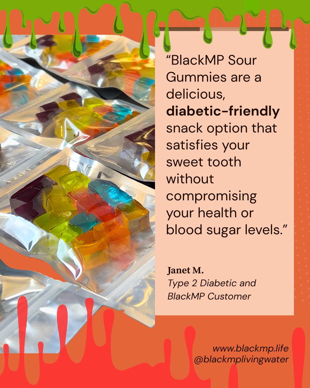Colorful BlackMP diabetic-friendly sour gummies in silver packaging with a testimonial from a Type 2 diabetic customer.