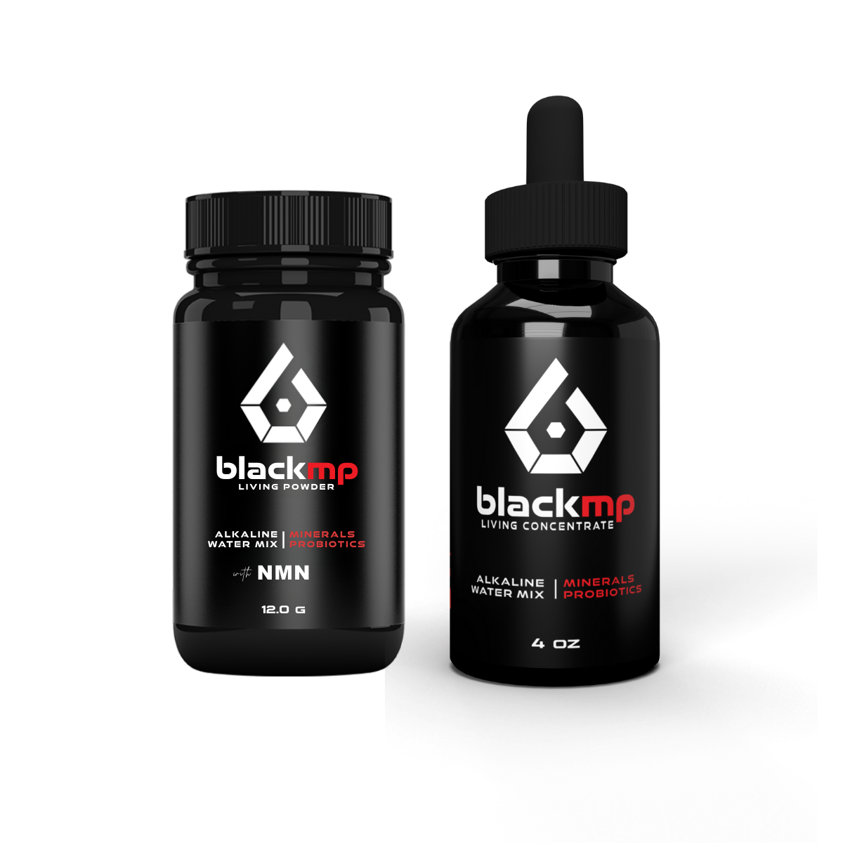 BlackMP Support Bundle: Living Powder with NMN and Living Concentrate liquid trace mineral supplement and probiotics.