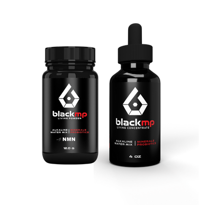 BlackMP Support Bundle: Living Powder with NMN and Living Concentrate liquid trace mineral supplement and probiotics.