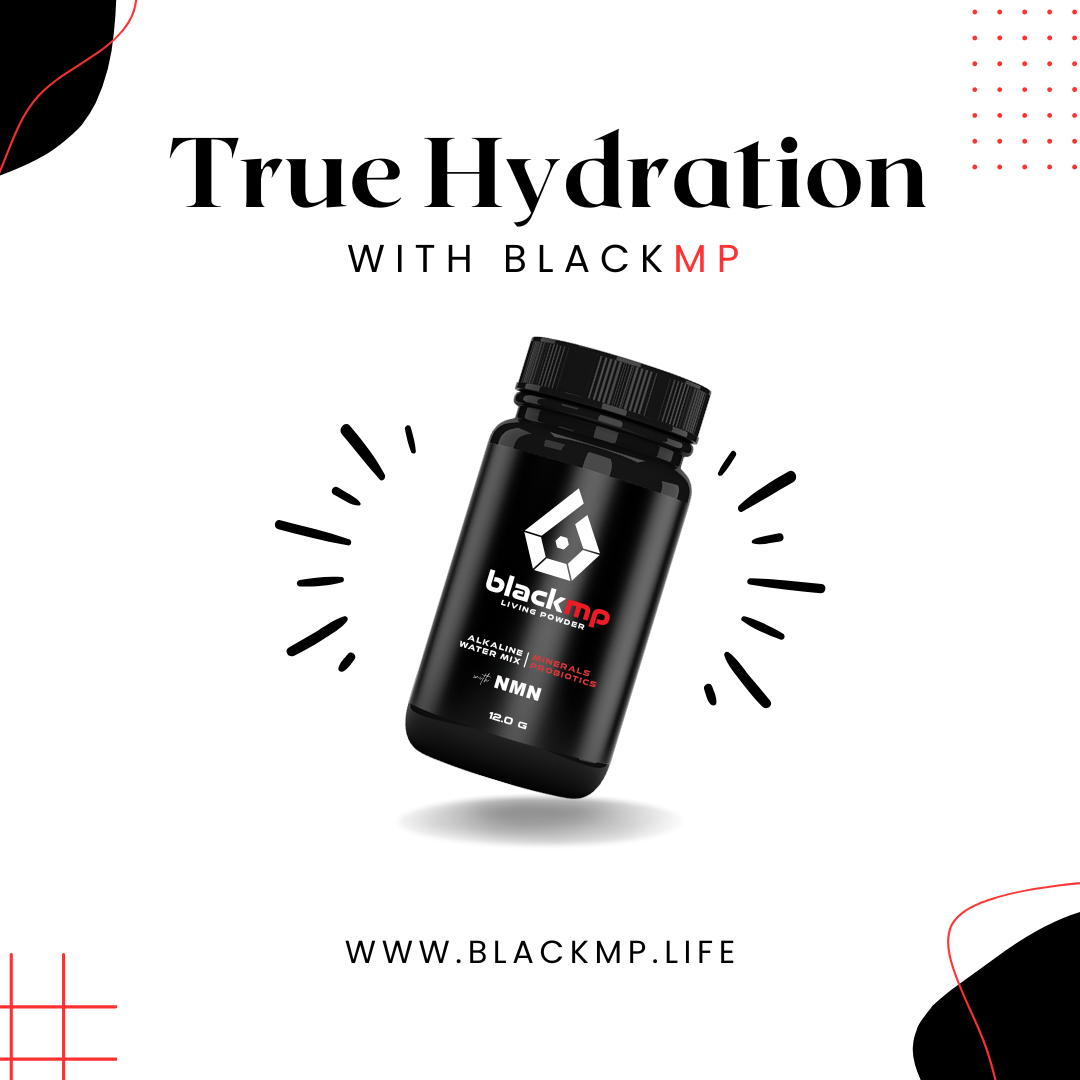 BlackMP Living Powder with NMN and Trace Minerals, Alkaline Water Mix for NAD+ support and hydration.