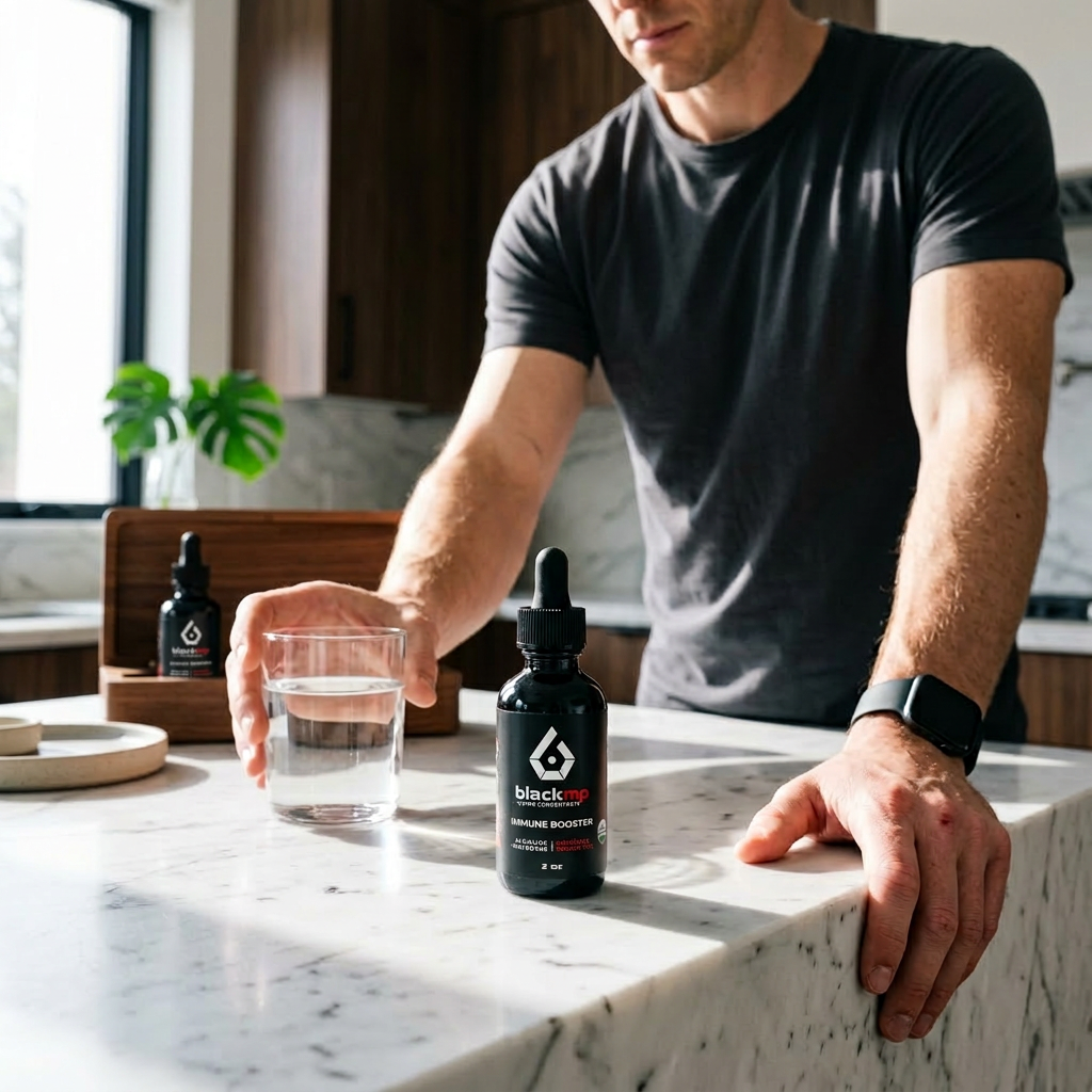 Man holding glass of water with BlackMP Immune Booster on a kitchen counter, another bottle in background.